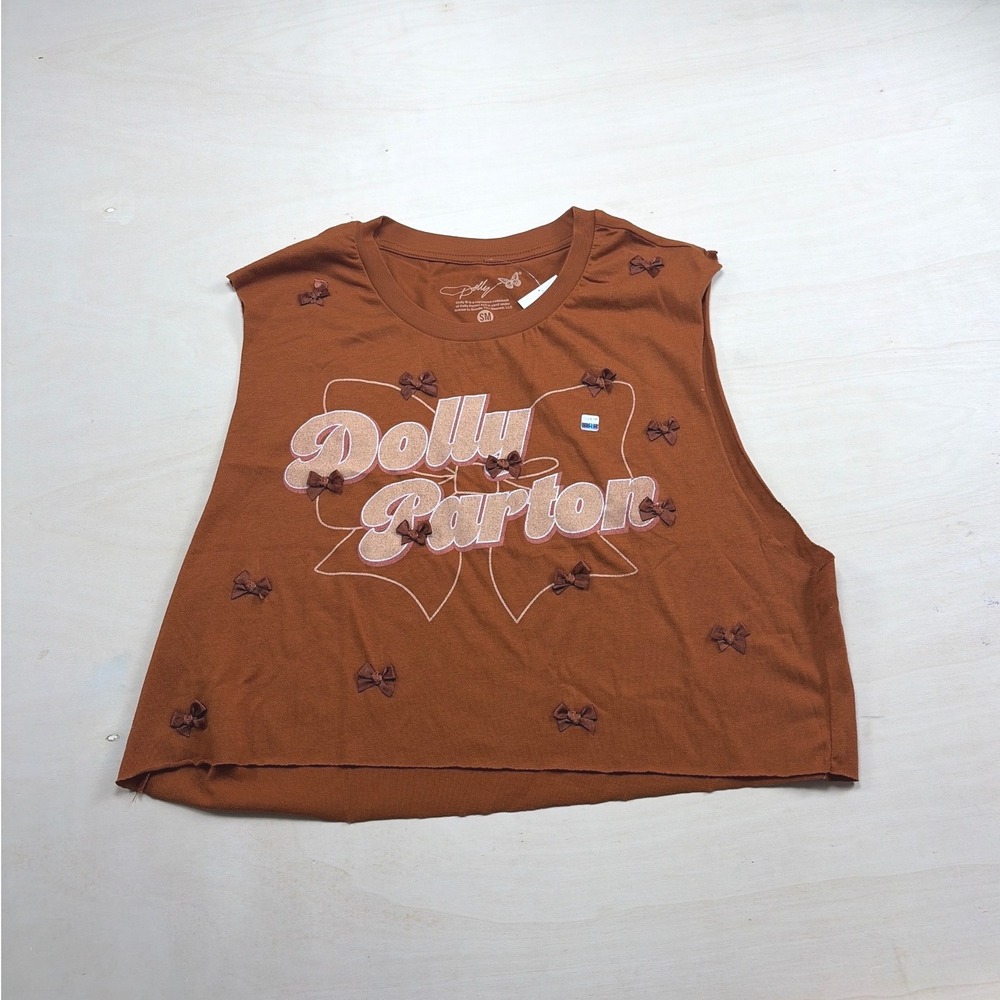 Dolly Parton Graphic Muscle Tank Top Brown Cropped Bow Embellished Small